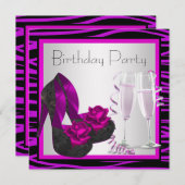 カクテルシューズ女性紫ゼブラ誕生日パーティー 招待状 (正面/裏面)