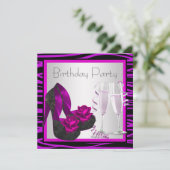 カクテルシューズ女性紫ゼブラ誕生日パーティー 招待状 (スタンド正面)