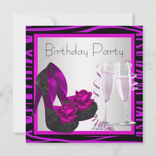 カクテルシューズ女性紫ゼブラ誕生日パーティー 招待状 (正面)