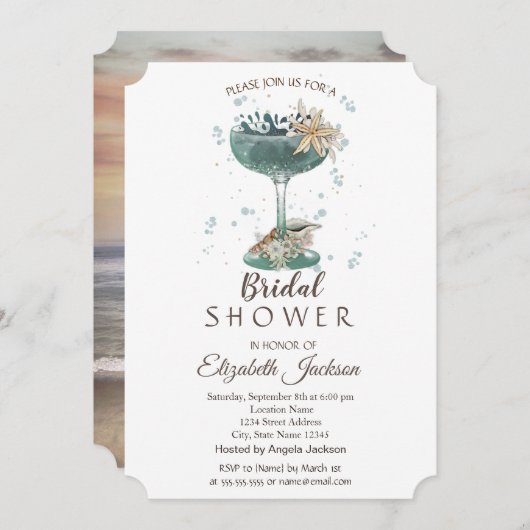 カクテルシーシェル航海のブライダルシャワー 招待状 (正面/裏面)