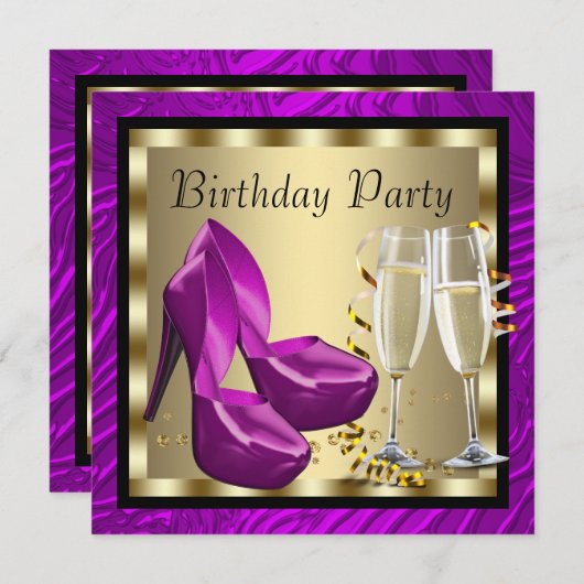 カクテルハイヒールシューズパープルゼブラ誕生日 招待状 (正面/裏面)