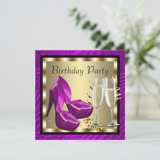 カクテルハイヒールシューズパープルゼブラ誕生日 招待状 (スタンド正面)