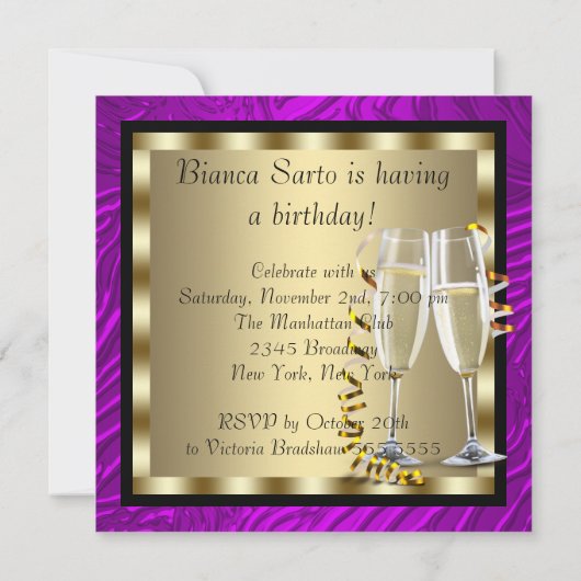 カクテルハイヒールシューズパープルゼブラ誕生日 招待状 (裏面)