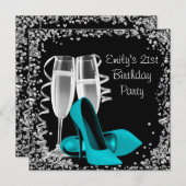 カクテルハイヒールブラックアンドティール（緑がかった色）誕生日 招待状 (正面/裏面)