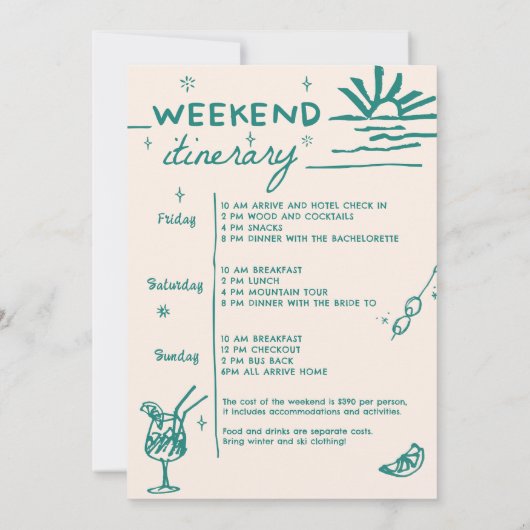 カクテルバチェロレッテ週末の旅程パーティー 招待状 (裏面)
