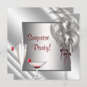 カクテルバルーン赤いサプライズ誕生日パーティー 招待状 (正面/裏面)