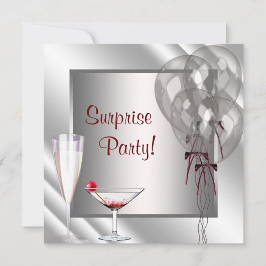 カクテルバルーン赤いサプライズ誕生日パーティー 招待状 (正面)