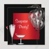 カクテルバルーン赤いサプライズ誕生日パーティー 招待状 (正面/裏面)