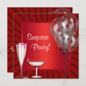 カクテルバルーン赤いサプライズ誕生日パーティー 招待状 (正面/裏面)