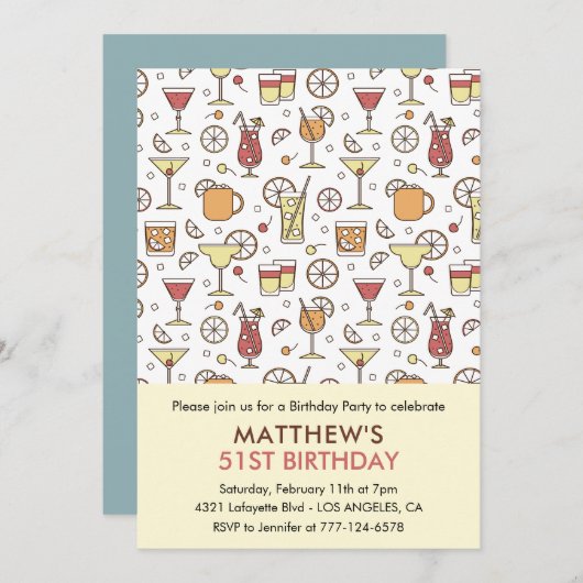 カクテルパターンレトロシャンパン51歳 招待状 (正面/裏面)