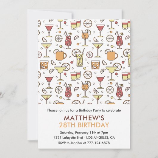 カクテルパターン28歳の誕生日招待状 モダン 招待状 (正面)