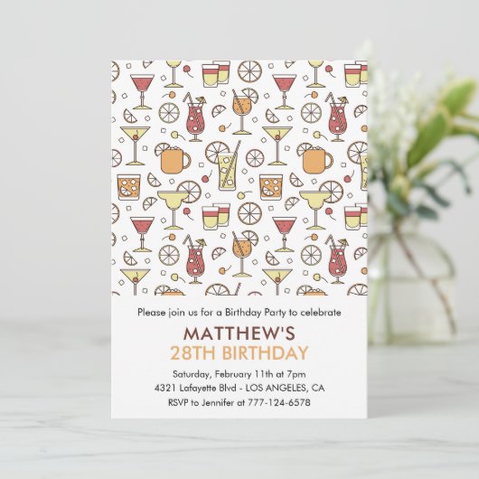 カクテルパターン28歳の誕生日招待状 モダン 招待状 (スタンド正面)