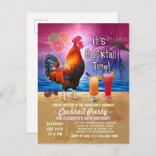 カクテルパーティートロピカルルースターおもしろい誕生日 インビテーションポストカード (正面/裏面)