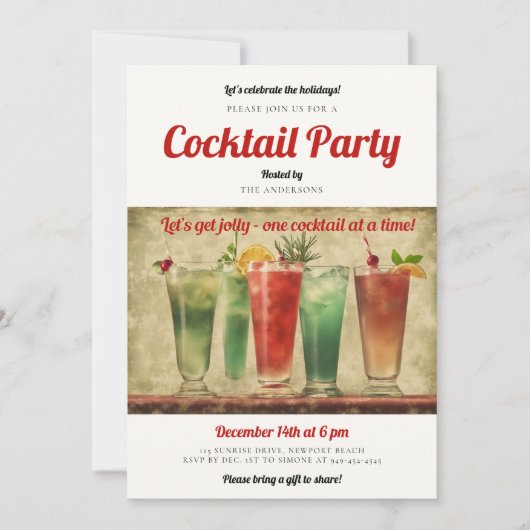 カクテルパーティーヴィンテージレッドグリーンクリスマスパーティー 招待状 (正面)