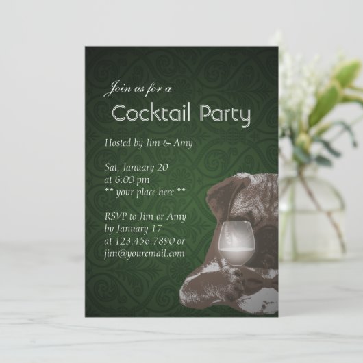 カクテルパーティー 緑のダマスク模様のプー & ワイン 招待状 (スタンド正面)