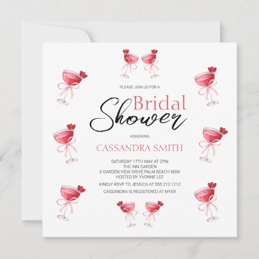 カクテルビバレッジピンクボウブライダルシャワー 招待状 (正面)