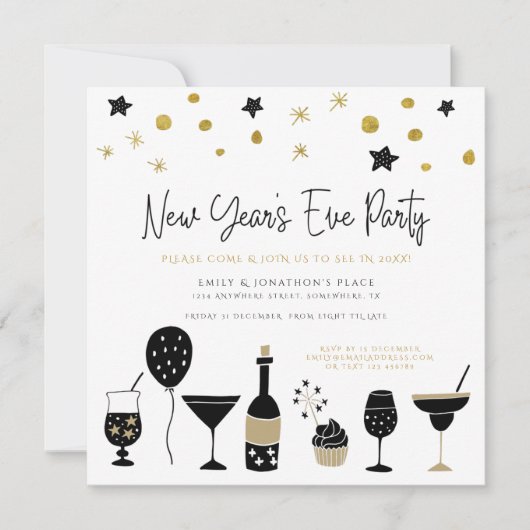 カクテルファンキーシャンパン金ゴールドブラックニューイヤーイブ 招待状 (正面)