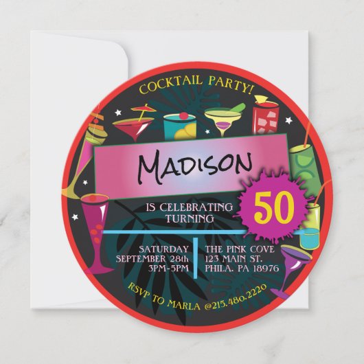 カクテルファンシーパーティードリンクワイン50誕生日 招待状 (正面)
