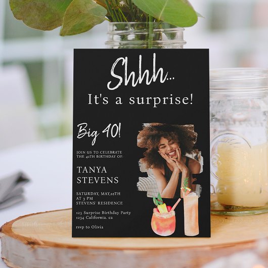 カクテルブラック写真サプライズ40歳の誕生日 招待状