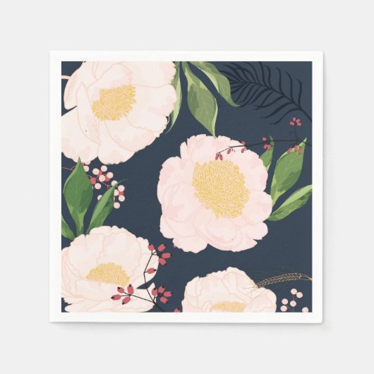 カクテルペーパーナプキンホワイトフローラ花オンダーク スタンダードカクテルナプキン (正面)