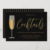 カクテルモダンパーティースクリプトブラック金ゴールド 招待状 (正面/裏面)