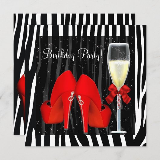 カクテルレッドハイヒールシューズゼブラ誕生日 招待状 (正面/裏面)