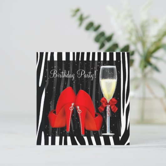 カクテルレッドハイヒールシューズゼブラ誕生日 招待状 (スタンド正面)
