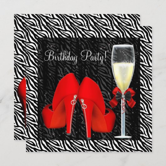 カクテルレッドハイヒールシューズゼブラ誕生日 招待状 (正面/裏面)
