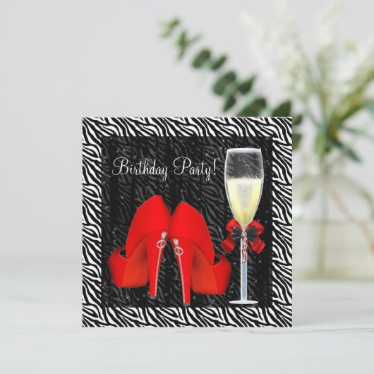 カクテルレッドハイヒールシューズゼブラ誕生日 招待状 (スタンド正面)