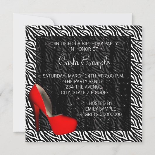 カクテルレッドハイヒールシューズゼブラ誕生日 招待状 (裏面)