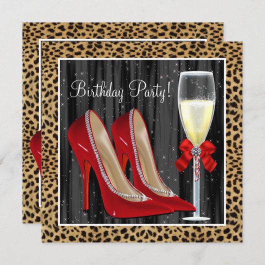 カクテルレッドハイヒールシューズヒョウ誕生日 招待状 (正面/裏面)