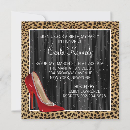 カクテルレッドハイヒールシューズヒョウ誕生日 招待状 (裏面)