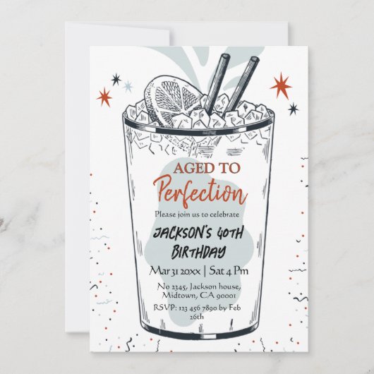 カクテルレトロなドリンクシンプルをテーマにした40歳の誕生日 招待状 (正面)