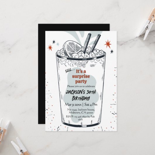 カクテルレトロドリンクをテーマにした30thサプライズ誕生日 招待状 (正面/裏面インサイチュ)