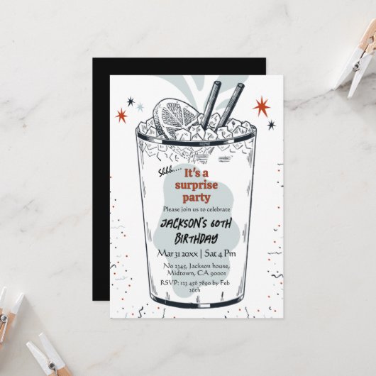 カクテルレトロドリンクをテーマにした60thサプライズ誕生日 招待状 (正面/裏面インサイチュ)