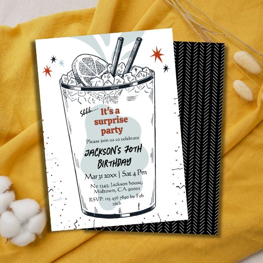 カクテルレトロドリンクをテーマにした70thサプライズ誕生日 招待状