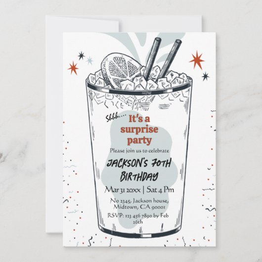 カクテルレトロドリンクをテーマにした70thサプライズ誕生日 招待状 (正面)