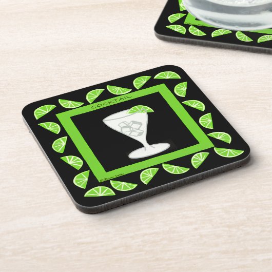 カクテルレトロドリンクアートグリーンライムオンブラック コースター (左側)