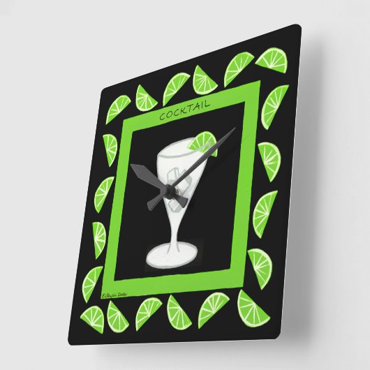 カクテルレトロドリンク緑のライムオンブラック スクエア壁時計 (傾斜)