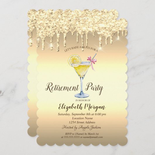 カクテルレモン金ゴールドグリッタードロップズリタイアメント 招待状 (正面/裏面)