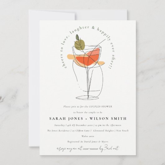 カクテルワインカップルモダンのシャワーを愛する応援 招待状 (正面)