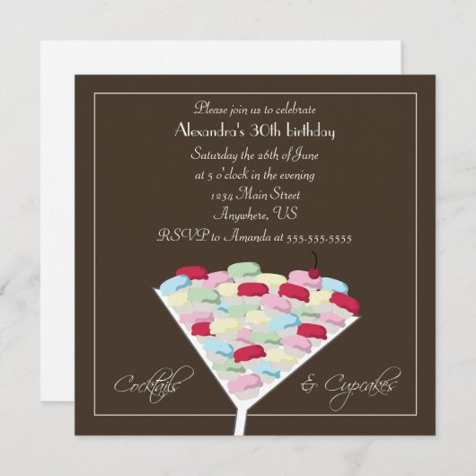 カクテル及びカップケーキの誕生日の招待状 招待状 (正面/裏面)