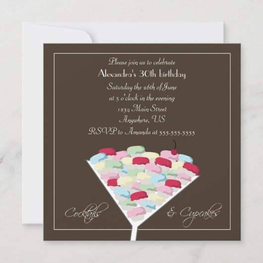 カクテル及びカップケーキの誕生日の招待状 招待状 (正面)
