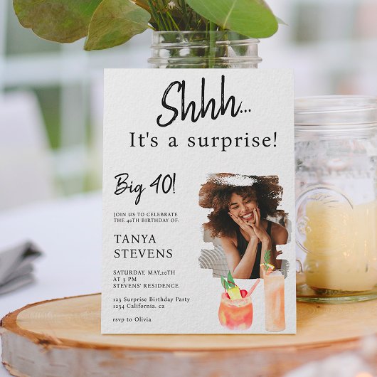 カクテル白写真驚き40歳の誕生日 招待状