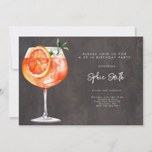 カクテル誕生日パーティーの水彩 招待状 (正面)