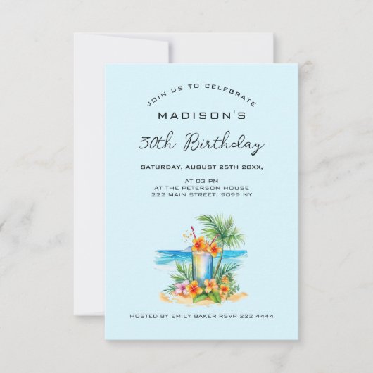 カクテル&エキゾチックなフラワーオンブルー誕生日 招待状 (正面)
