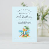 カクテル&エキゾチックなフラワーオンブルー誕生日 招待状 (スタンド正面)