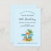 カクテル&エキゾチックなフラワーオンブルー誕生日 招待状 (正面/裏面)