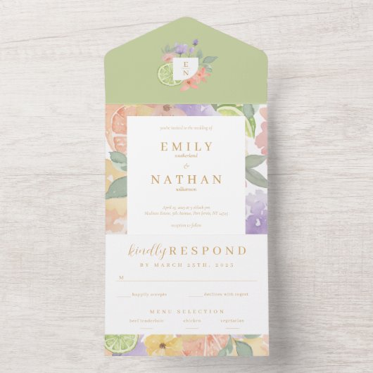 カクテル&シトラスフルーツ結婚の水彩花模様 オールインワン招待状 (内側)