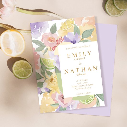 カクテル&シトラスフルーツ結婚の水彩花模様 招待状